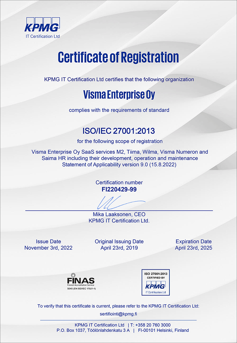 ISO 27001 sertifikaatti Visman tuotteilla